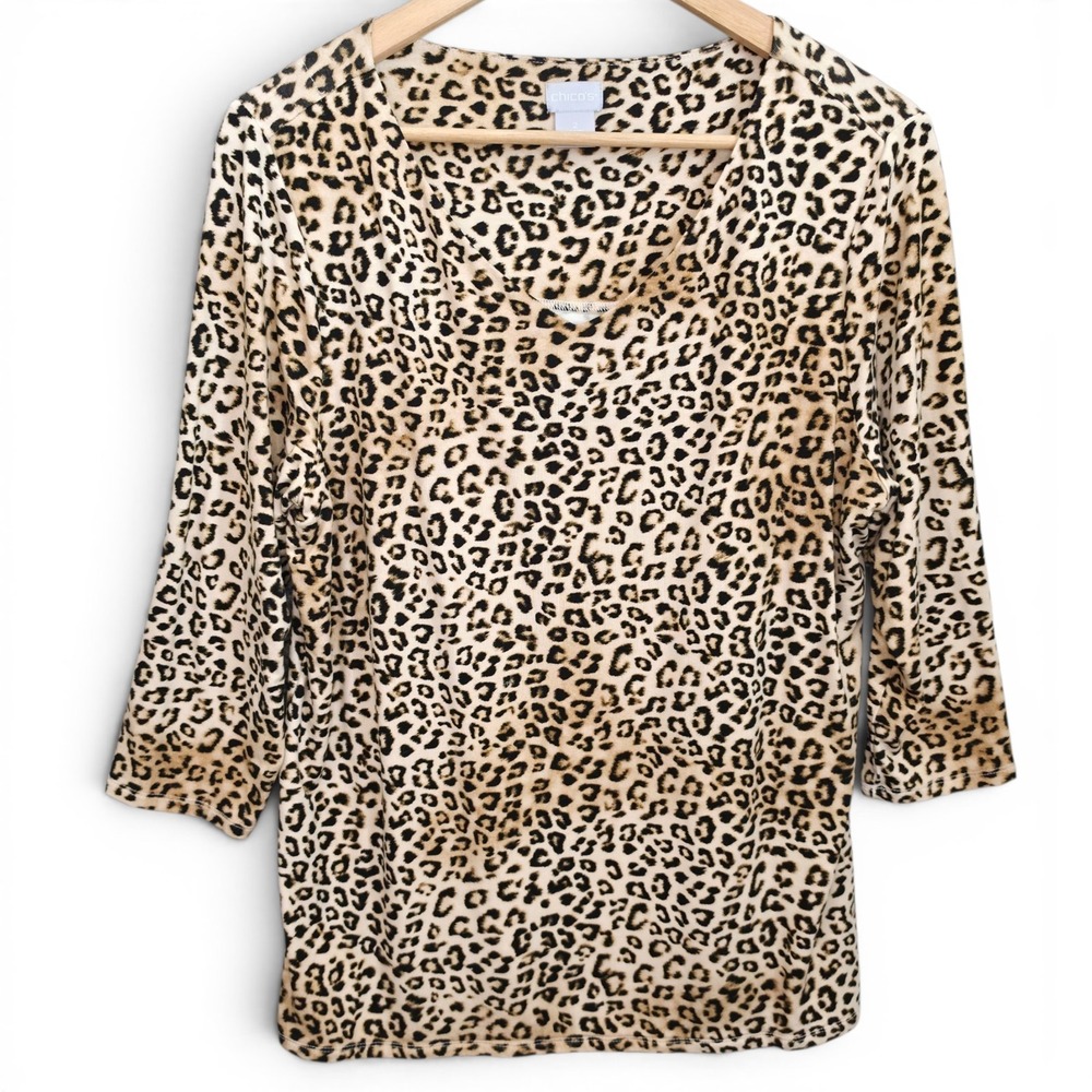 Chicos Top Womens 2 US‎ Large Beige Animal Print V Neck 3/4 Sleeve Casual